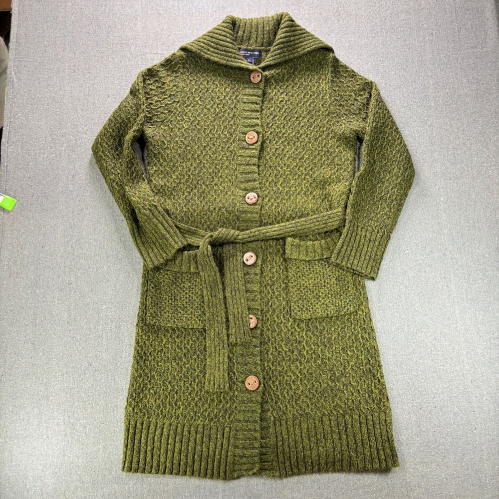 Jones New York Cardigan Women L Green Wool Mohair Blend Belted Longline Sweater